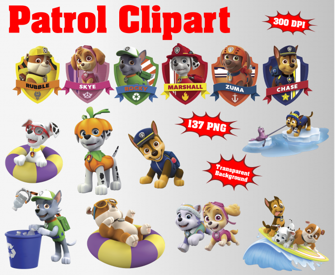 Paw Patrol png clipart, birthday party decoration