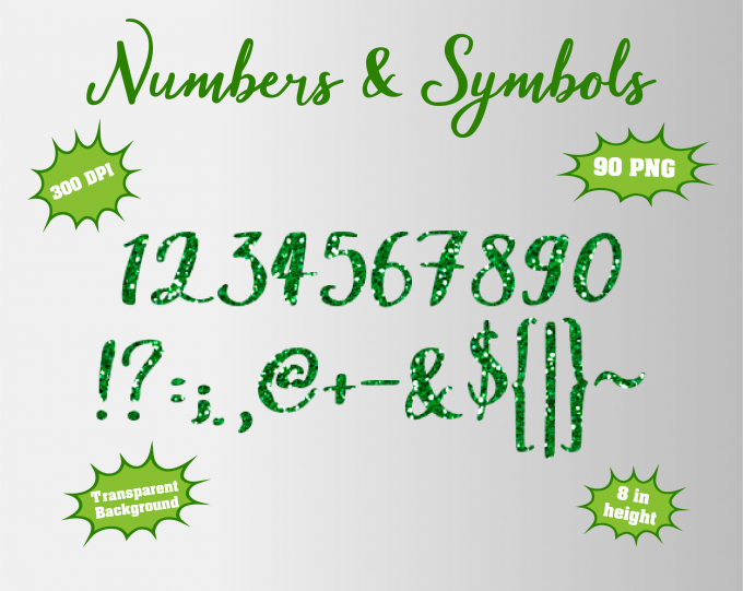Green Glitter png Alphabet, Numbers and Symbols