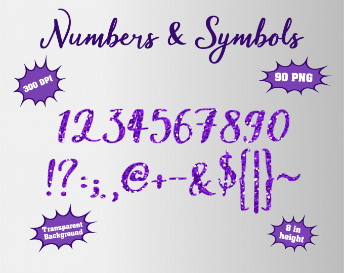 Purple Glitter png Alphabet, Numbers and Symbols
