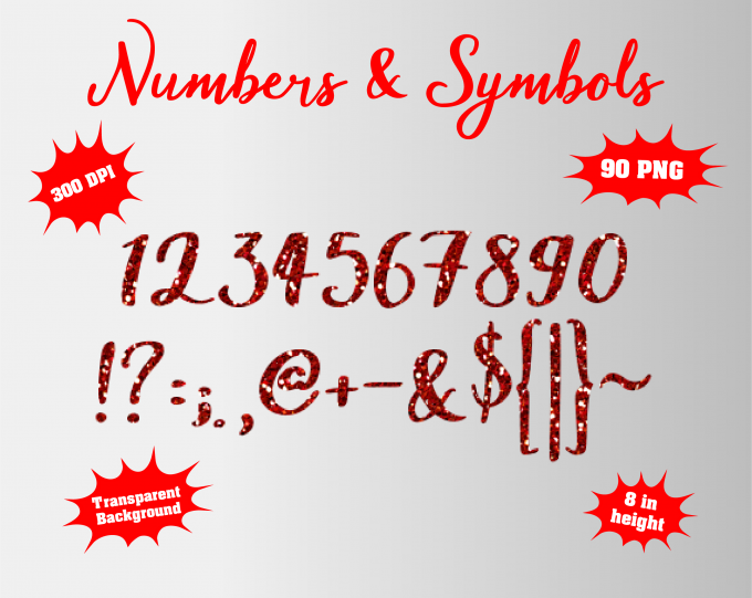 Red Glitter png Alphabet, Numbers and Symbols