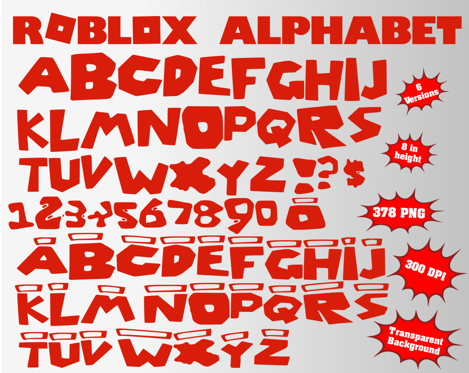 Roblox Alphabet, Numbers And Symbols | 375 PNG | 300 Dpi | Transparent ...